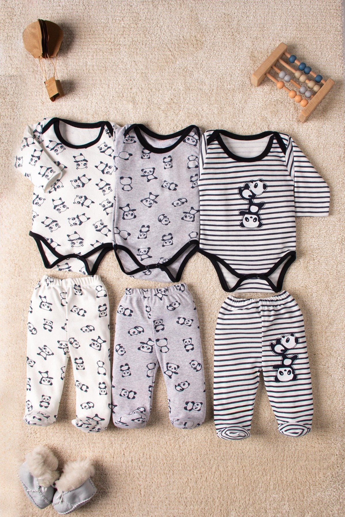 Erkek Renkli Panda Desenli 3 Set 6 Parça Çıtçıtlı Bebek Takım