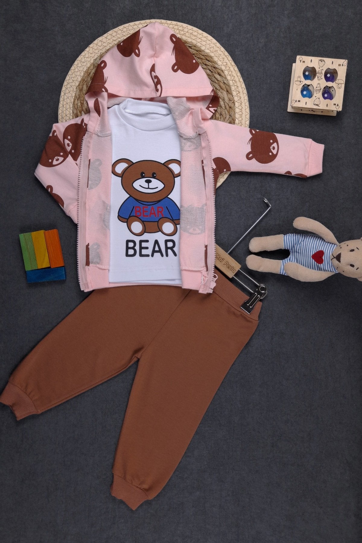 Ayıcık Baskılı Unisex 3'lü Bebek Takım