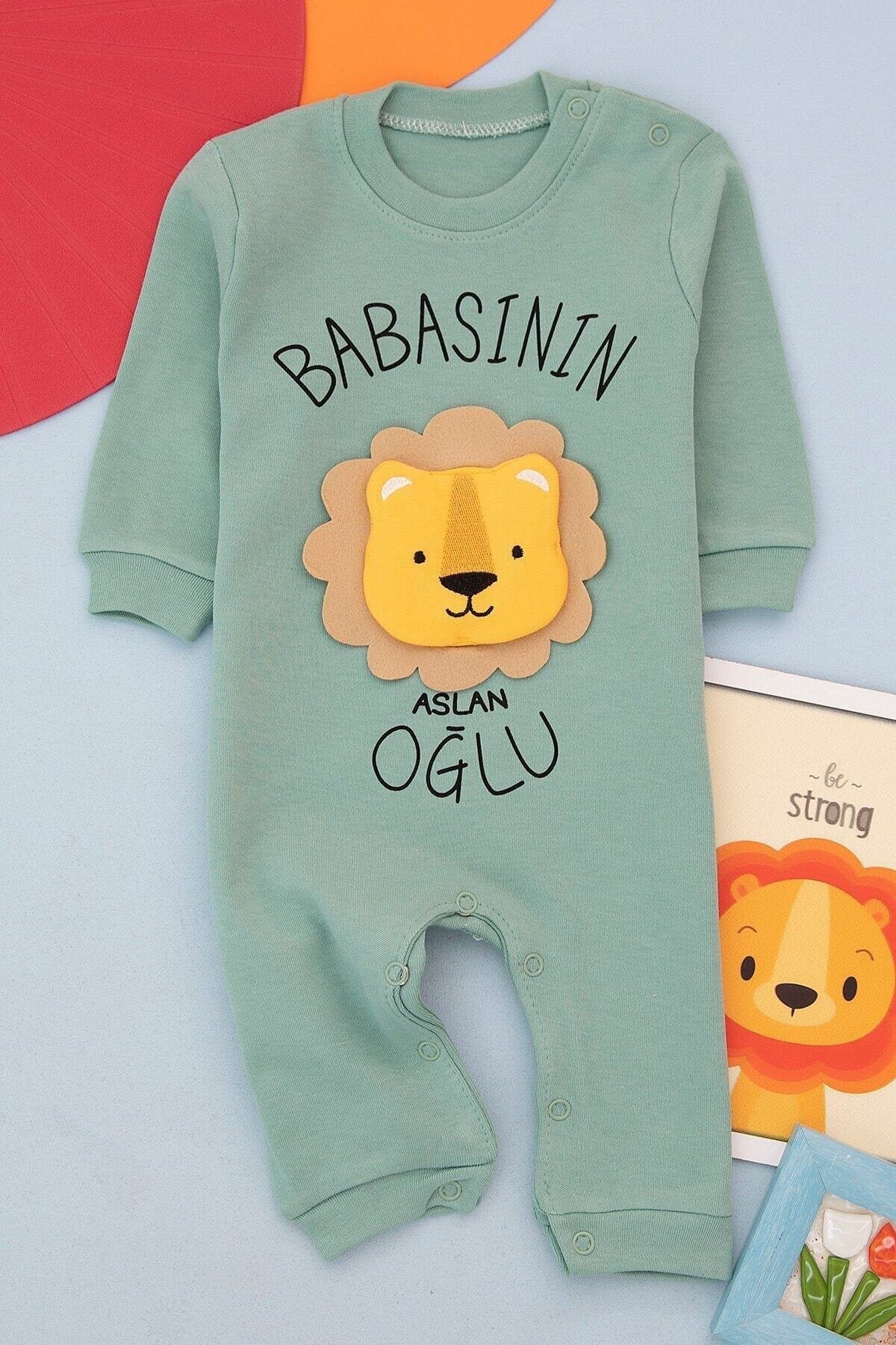 Babasının Aslan Oğlu Baskılı Gri Erkek Bebek Tulum