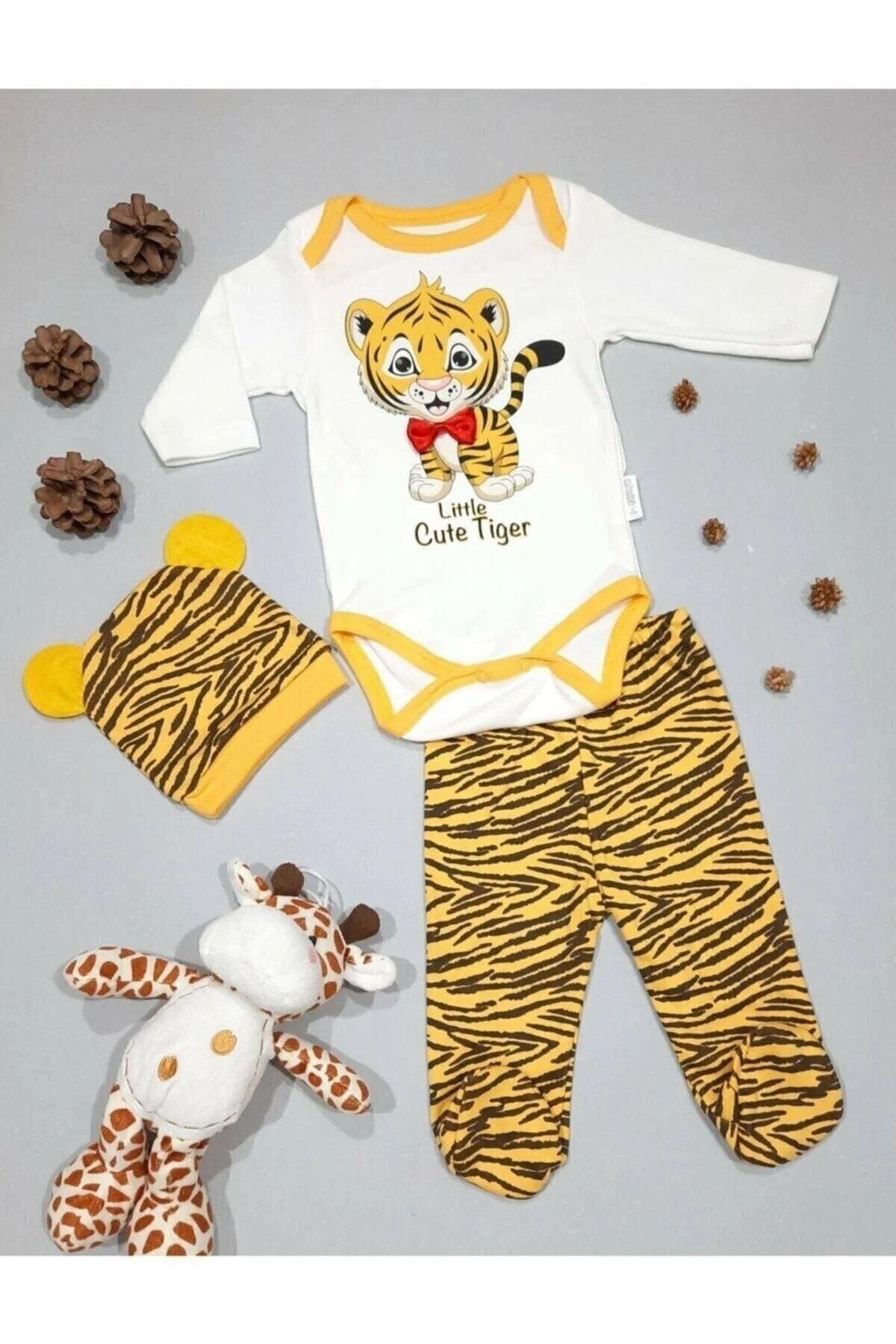 Unisex Bebek Sarı Kaplan Zıbın Takımı 3'lü