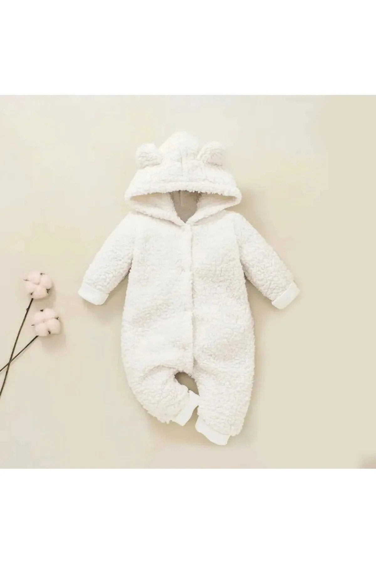 Kışlık Unisex Ayıcık Kulaklı Peluş Bebek Tulum (3-12 Ay)