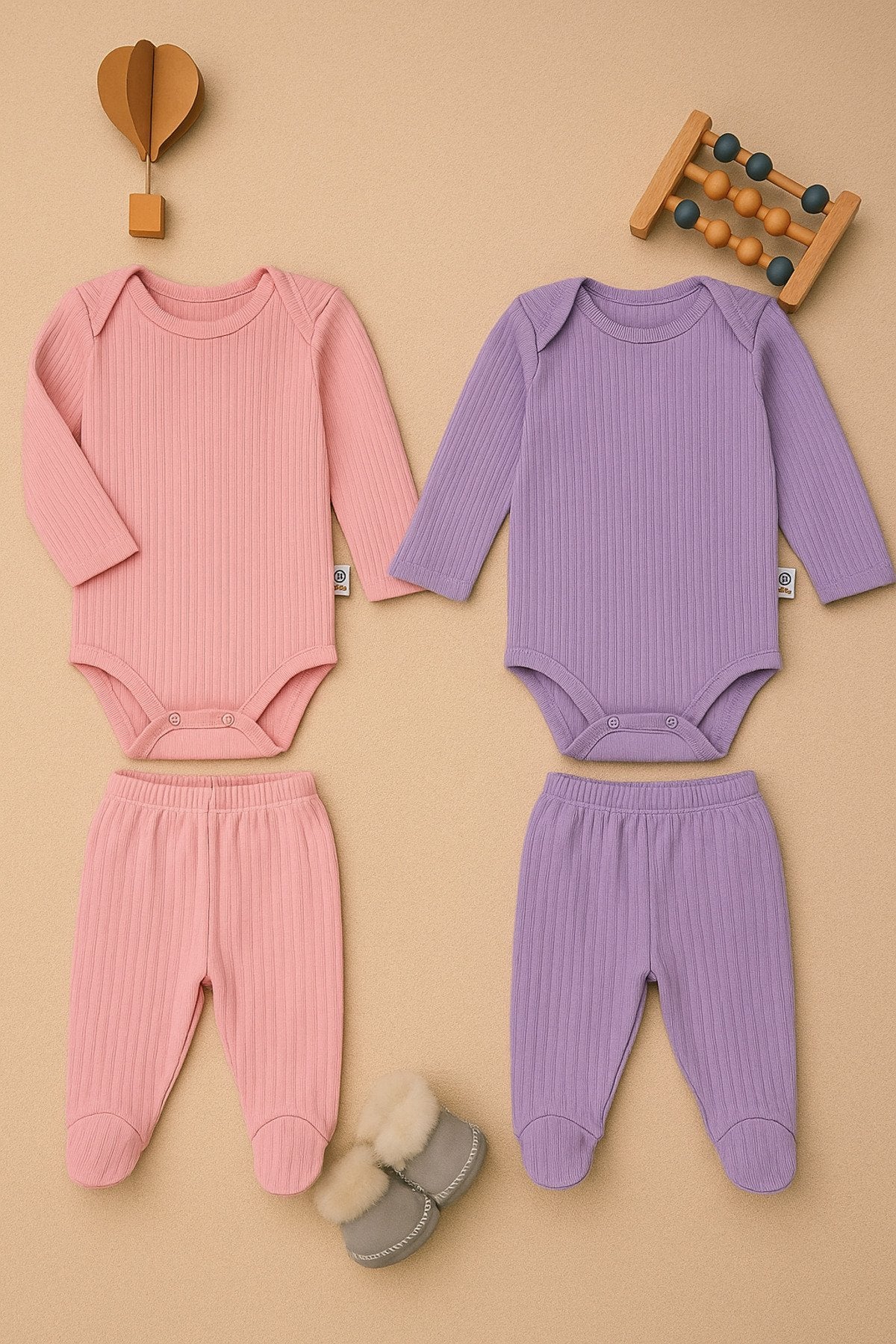 Kız Bebek Organik Pamuklu Zıbın Body ve Patikli Alt 6 Parça 3’lü Set Bebek Takımı 0-9 Ay