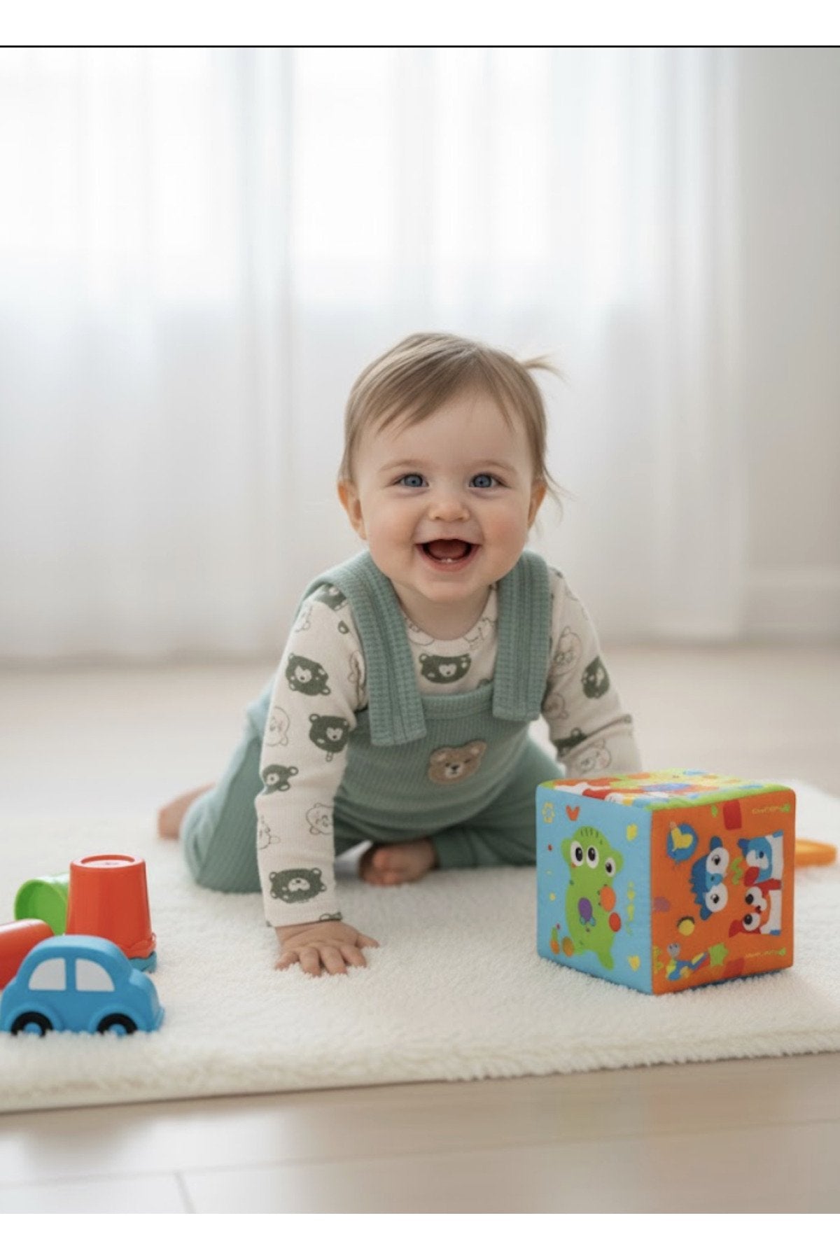 Organik Pamuklu Çıt Çıtlı Bodyli Salopetli Ayıcık Desenli İki Parça Bebek Takımı 0-12 Ay