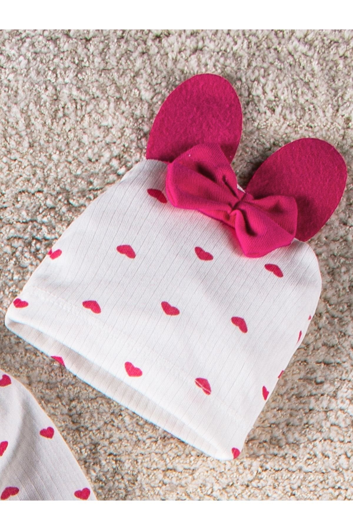 3 Parça Kalpli Fiyonklu Şapkalı Kız Bebek Zıbın Takımı 3'lü