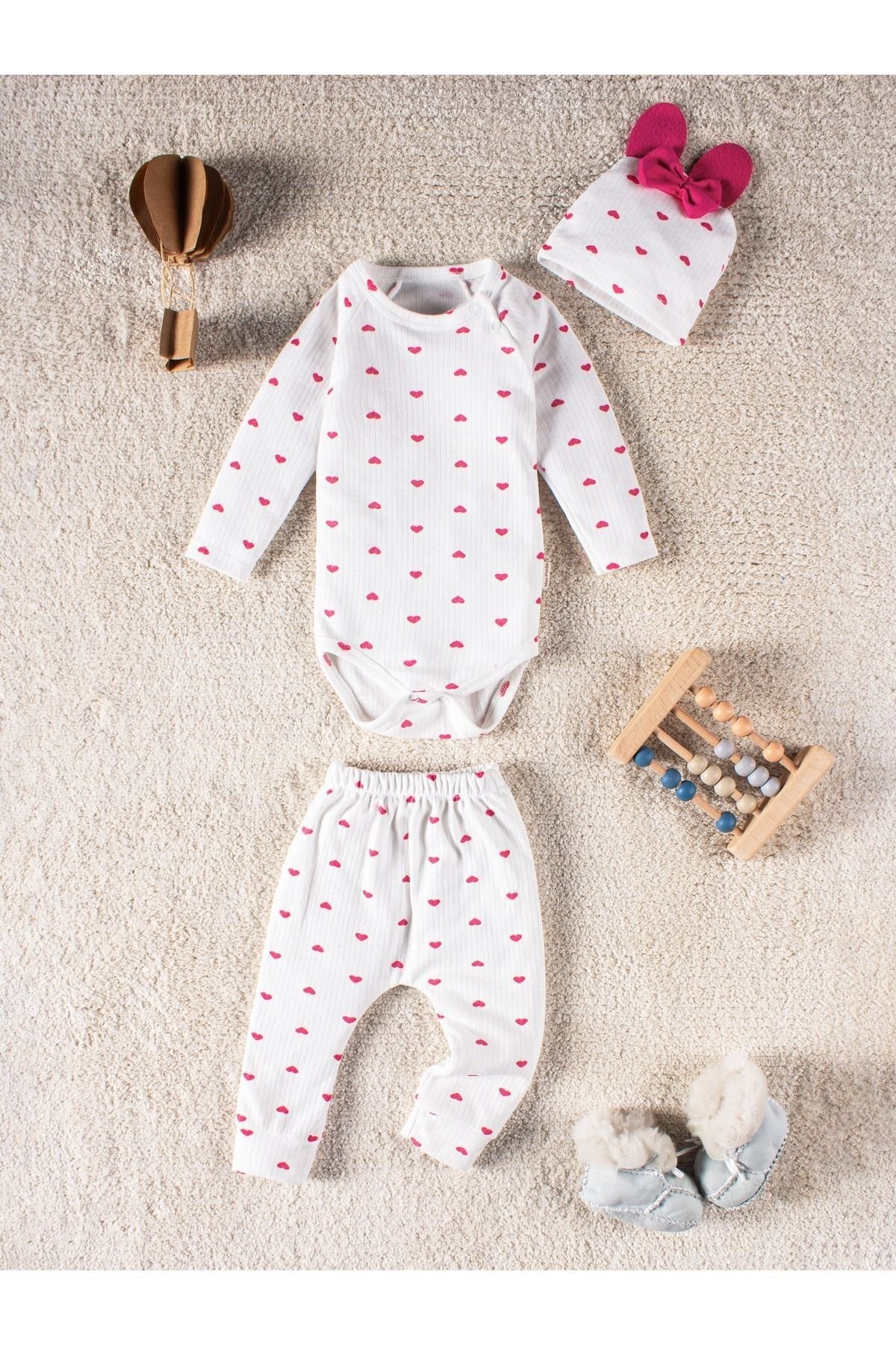 3 Parça Kalpli Fiyonklu Şapkalı Kız Bebek Zıbın Takımı 3'lü