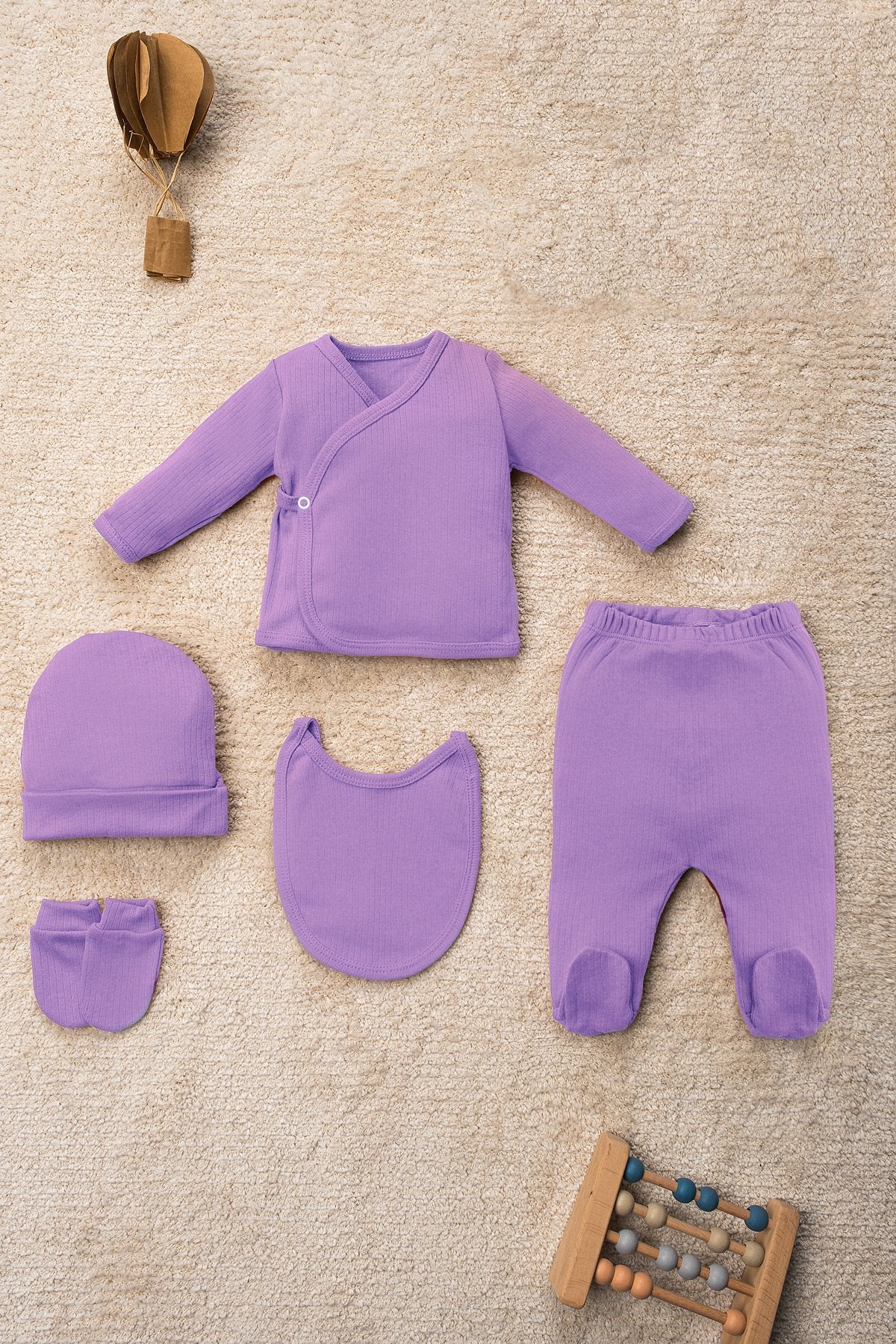 Düz Renk Organik Pamuk Kutulu 5 Parça Hastane Çıkış Seti