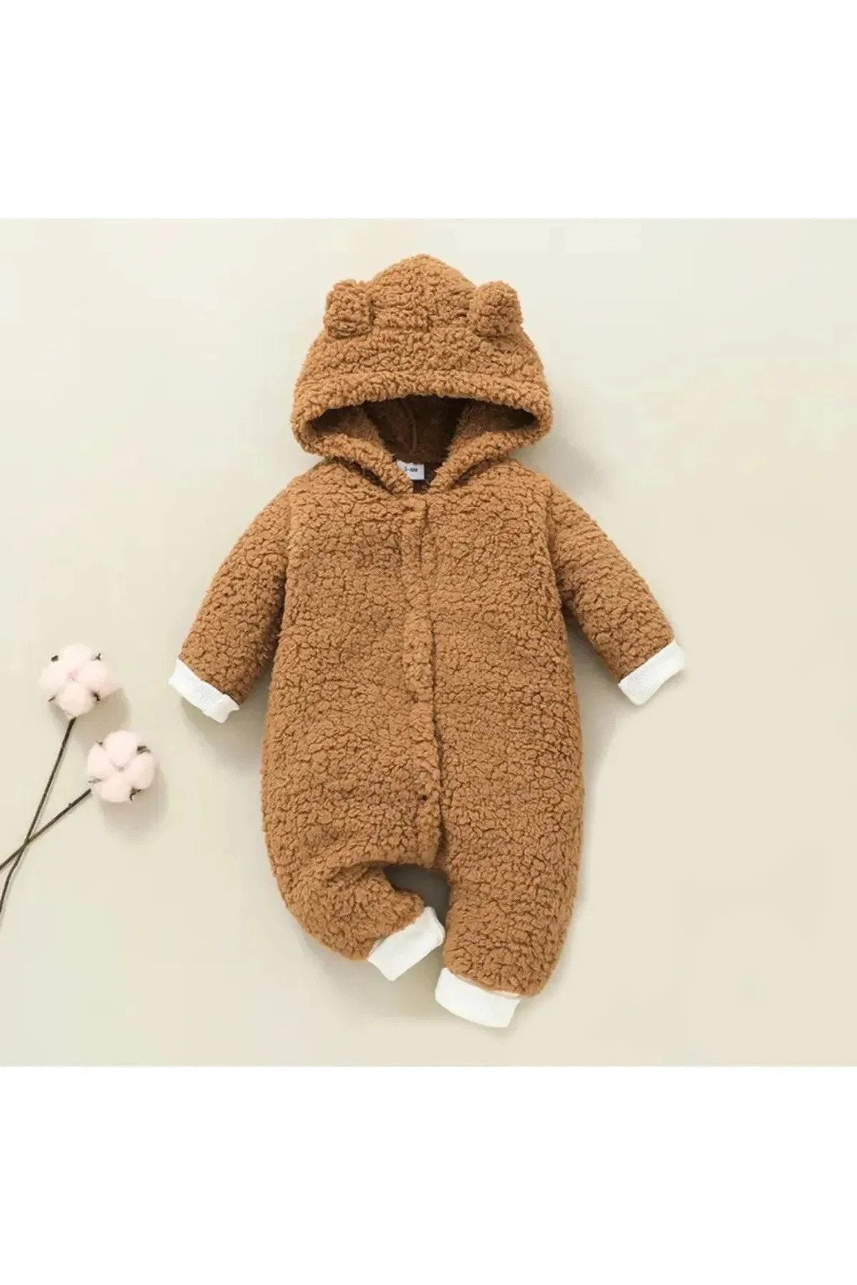 Kışlık Unisex Ayıcık Kulaklı Peluş Bebek Tulum (3-12 Ay)