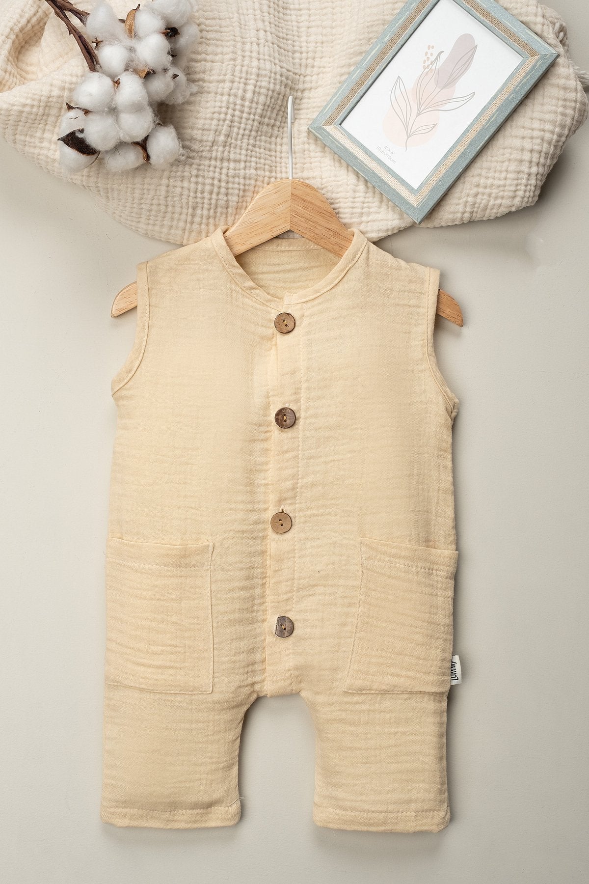 Organik Müslin Yazlık Naturel Cepli Bebek Tulum