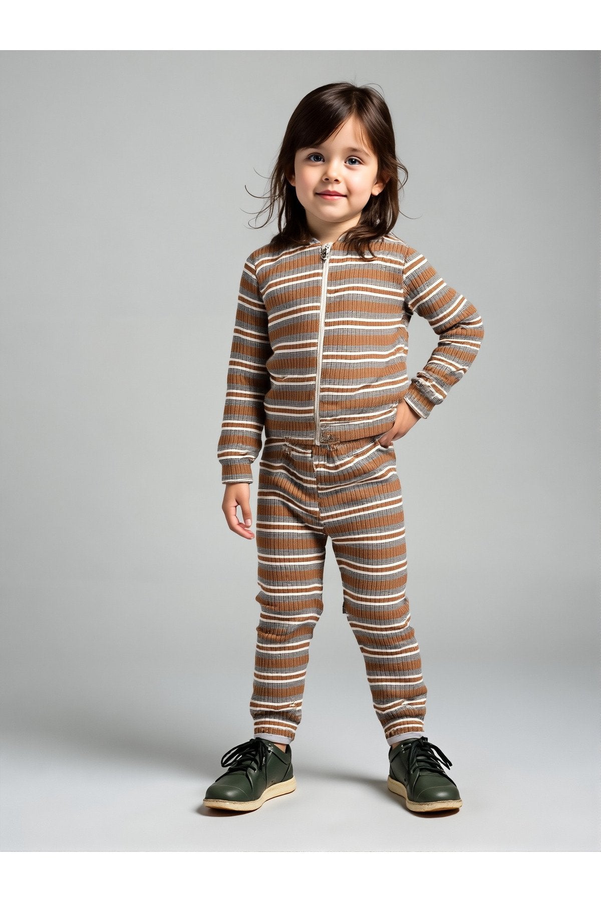 Unisex Çocuk Takımı Organik Pamuklu Şardonlu Kışlık Hırkalı Çizgili İkili Takım (1-5 Yaş)