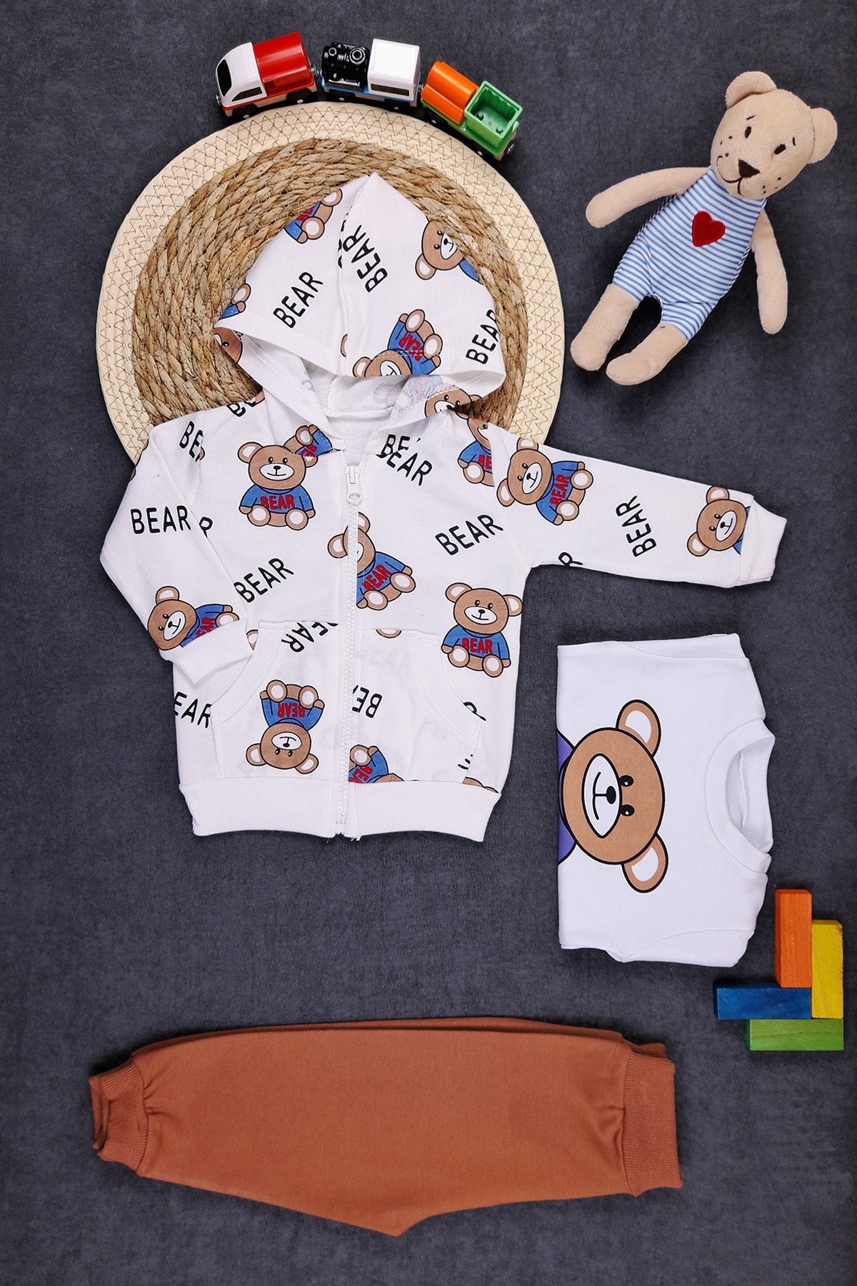 Bear Baskılı Bebek Takım 3'lü