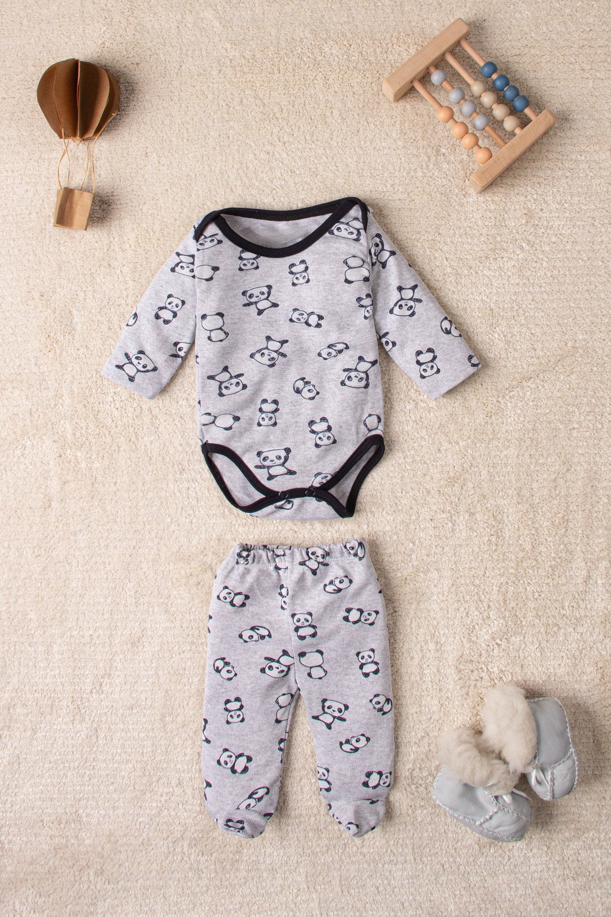 Erkek Renkli Panda Desenli 3 Set 6 Parça Çıtçıtlı Bebek Takım