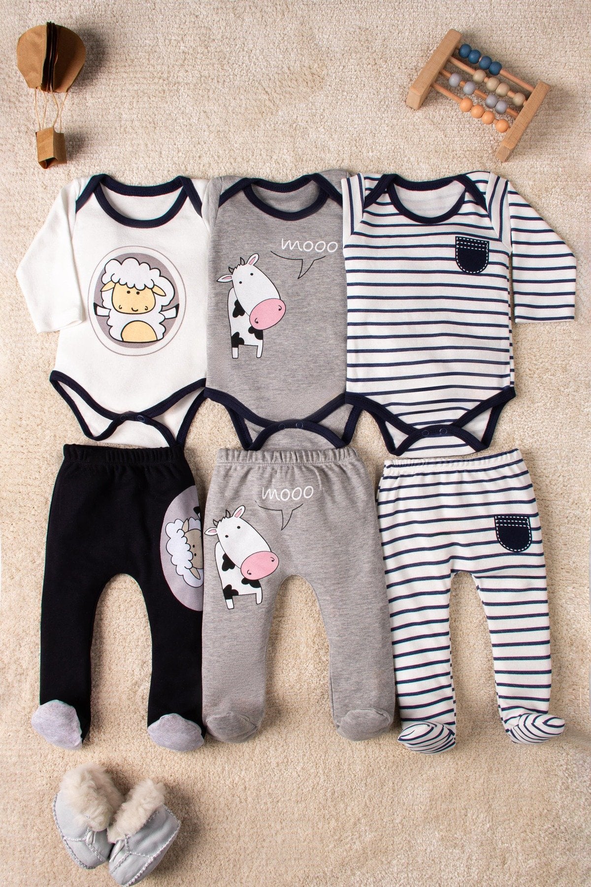 Organik Pamuklu Zıbın Body ve Patikli Alt 6 Parça 3’lü Set Bebek Takımı 0-9 Ay