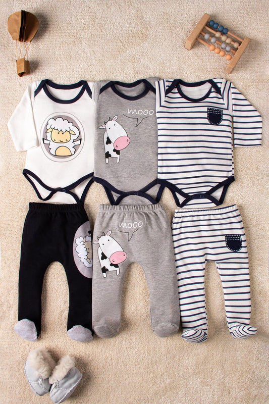Organik Pamuklu Zıbın Body ve Patikli Alt 6 Parça 3’lü Set Bebek Takımı 0-9 Ay