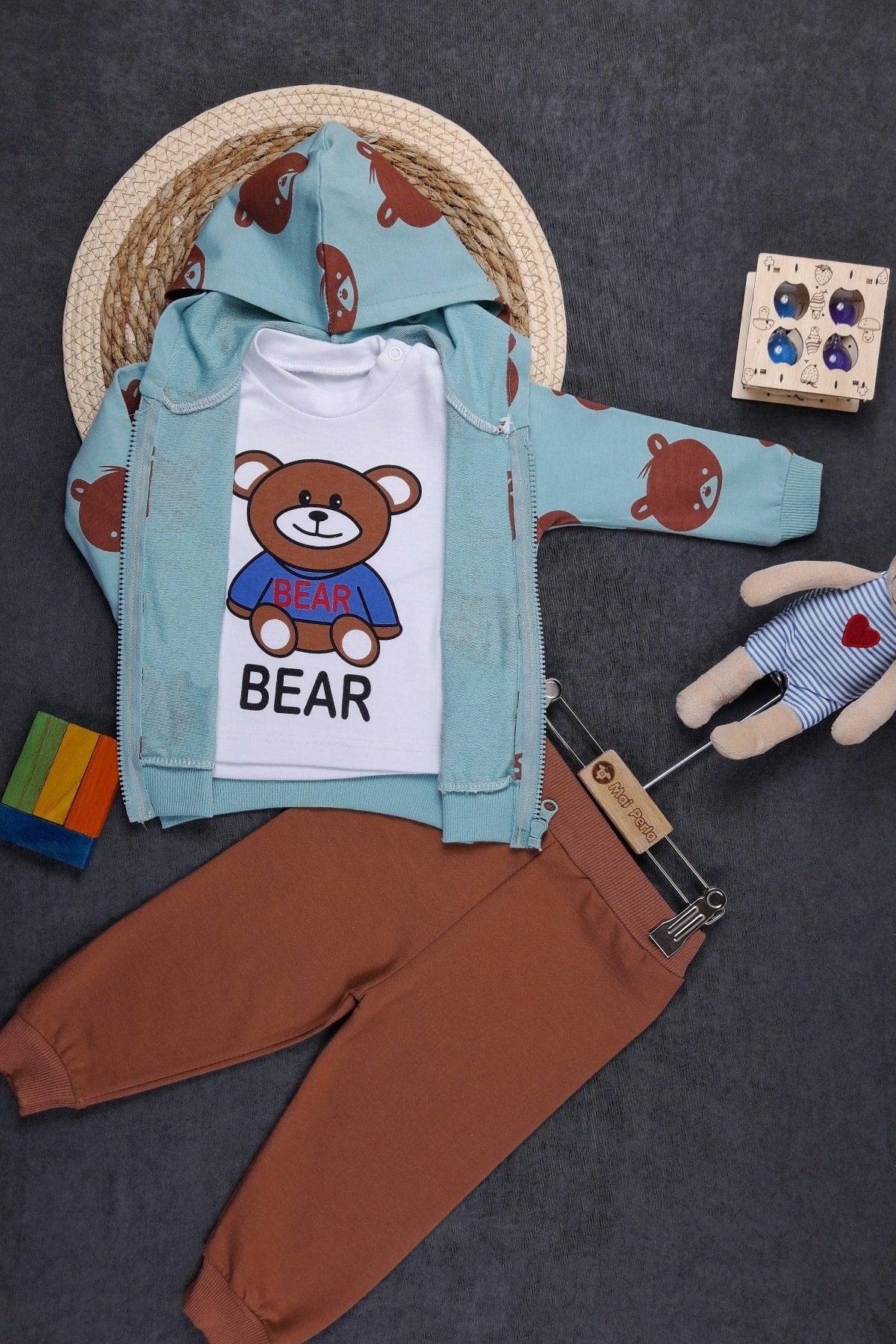 Ayıcık Baskılı Unisex 3'lü Bebek Takım