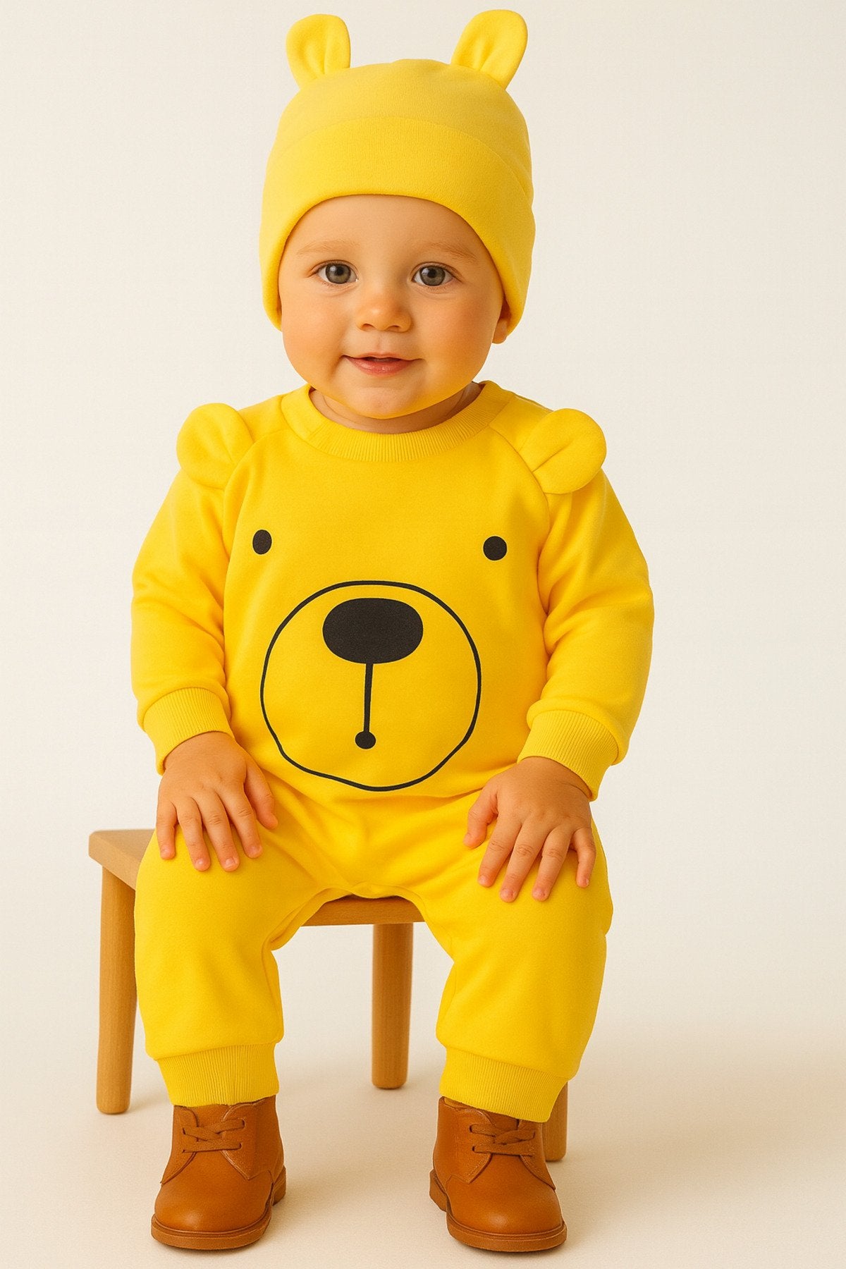 Gülen Yüz Desenli Şapkalı Bebek Tulum