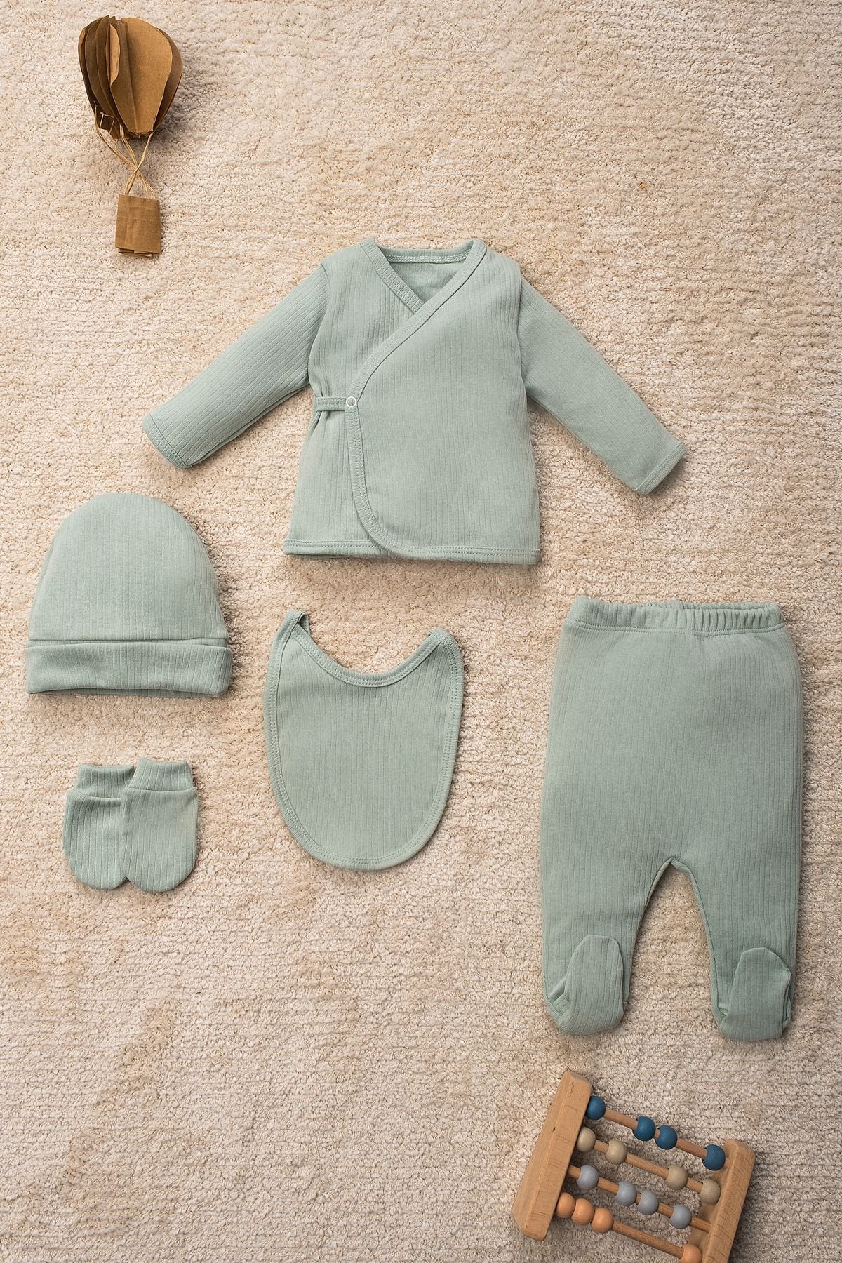 Düz Renk Organik Pamuk Kutulu 5 Parça Hastane Çıkış Seti