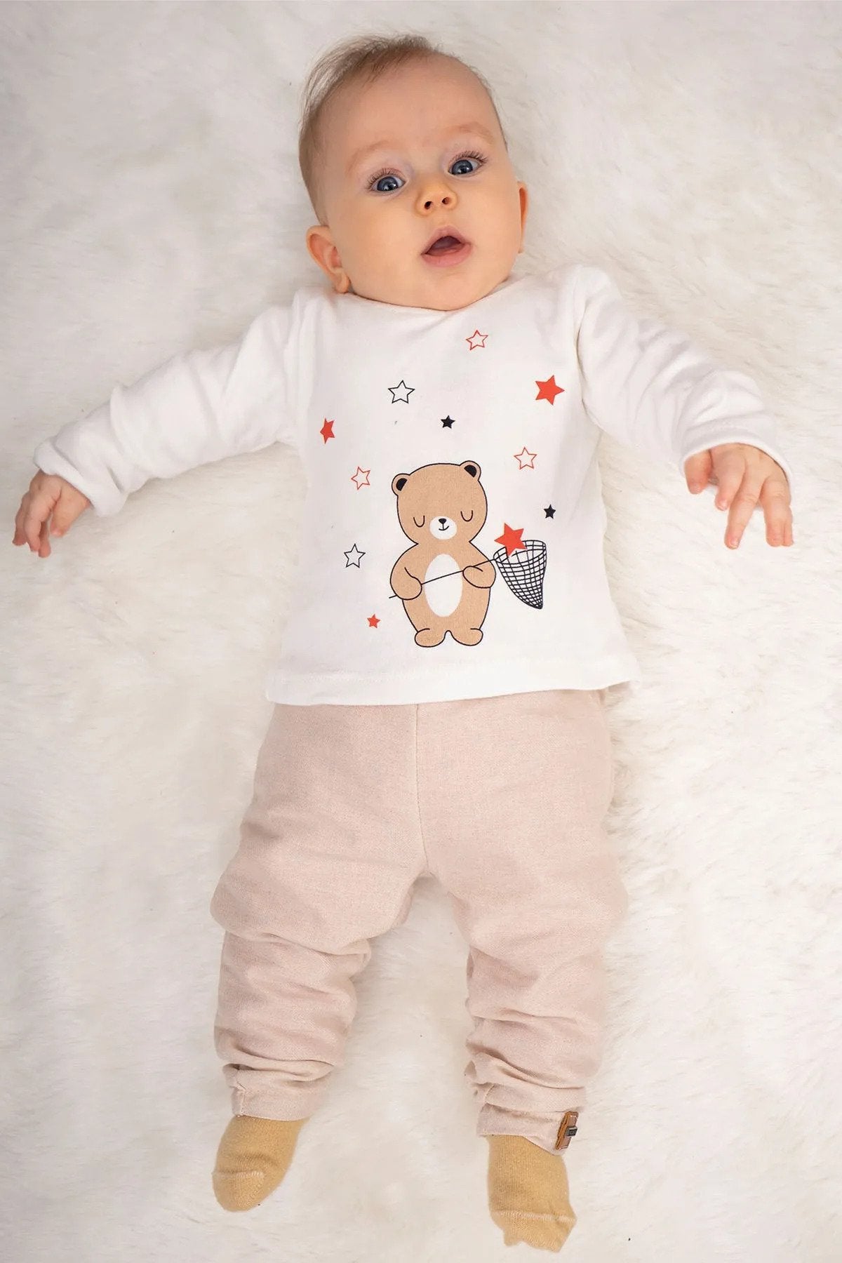 Unisex Ayıcık Desenli Astarlı 3 Parça Yağmurluk Bebek Takımı