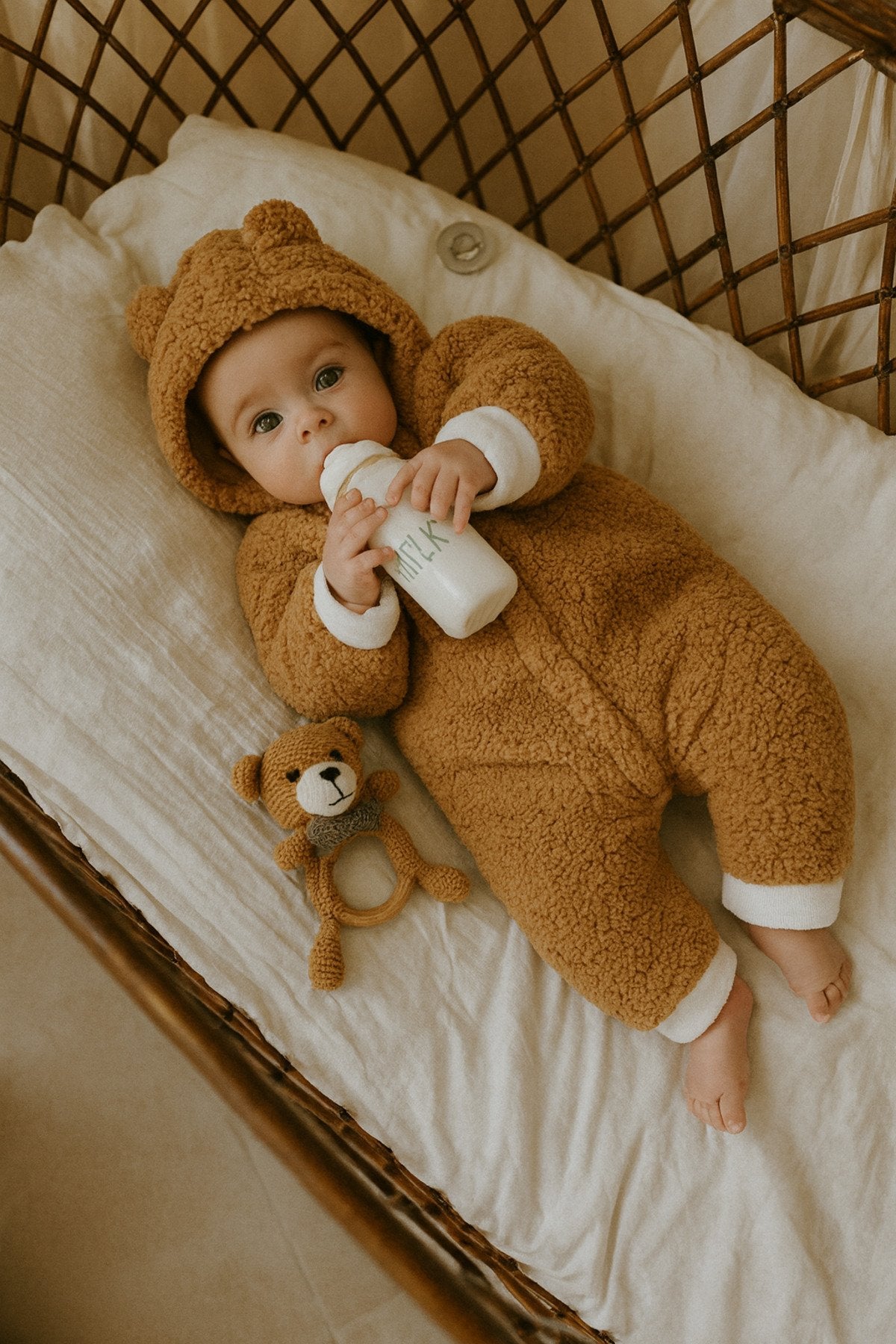 Kışlık Unisex Ayıcık Kulaklı Peluş Bebek Tulum (3-12 Ay)