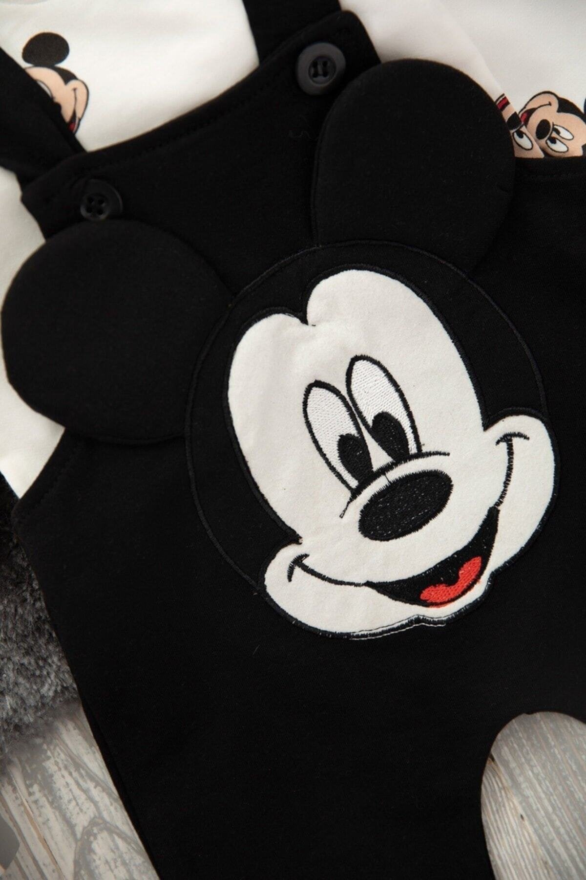 Mickey Baskılı Unisex Siyah Salopet Takım