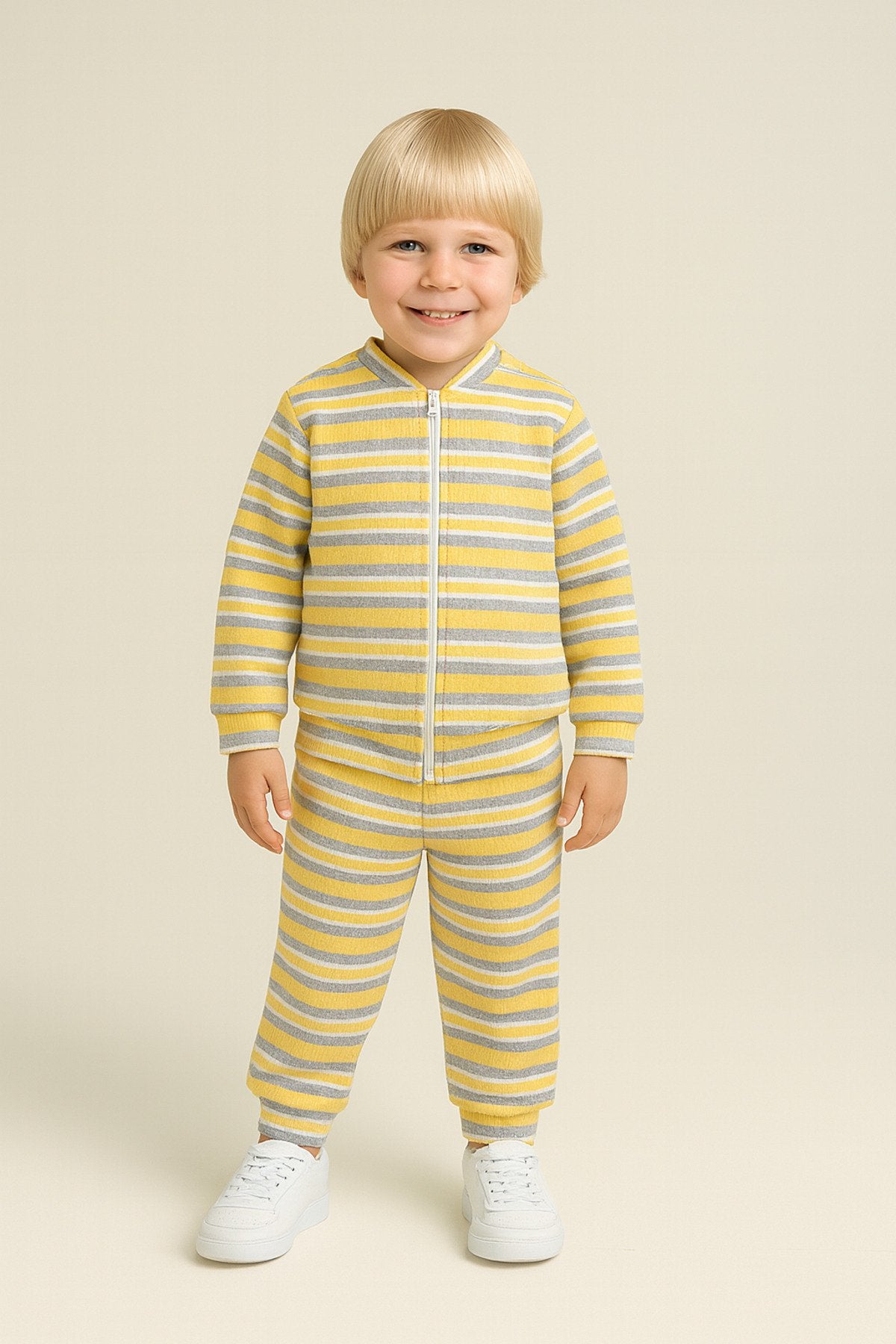Unisex Çocuk Takımı Organik Pamuklu Şardonlu Kışlık Hırkalı Çizgili İkili Takım (1-5 Yaş)