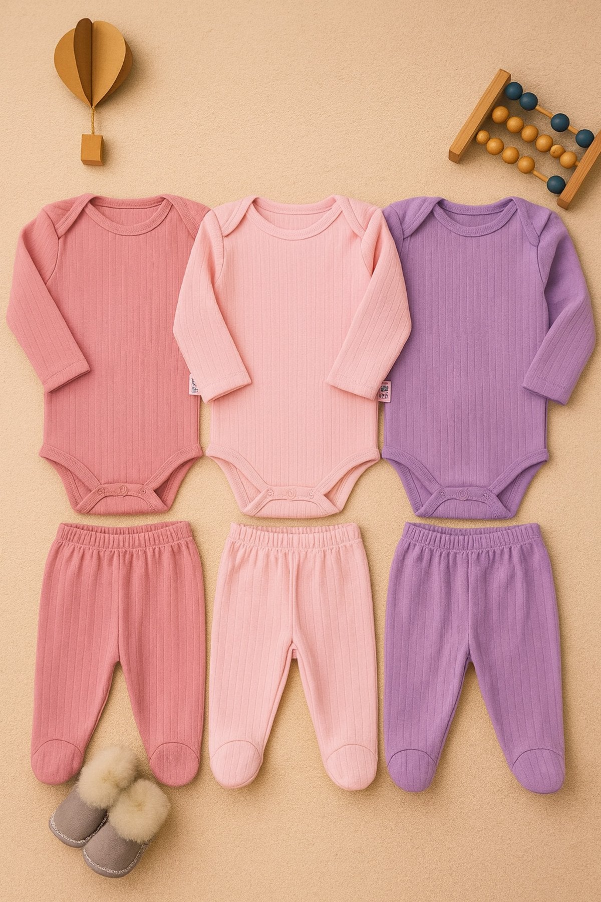 Kız Bebek Organik Pamuklu Zıbın Body ve Patikli Alt 6 Parça 3’lü Set Bebek Takımı 0-9 Ay