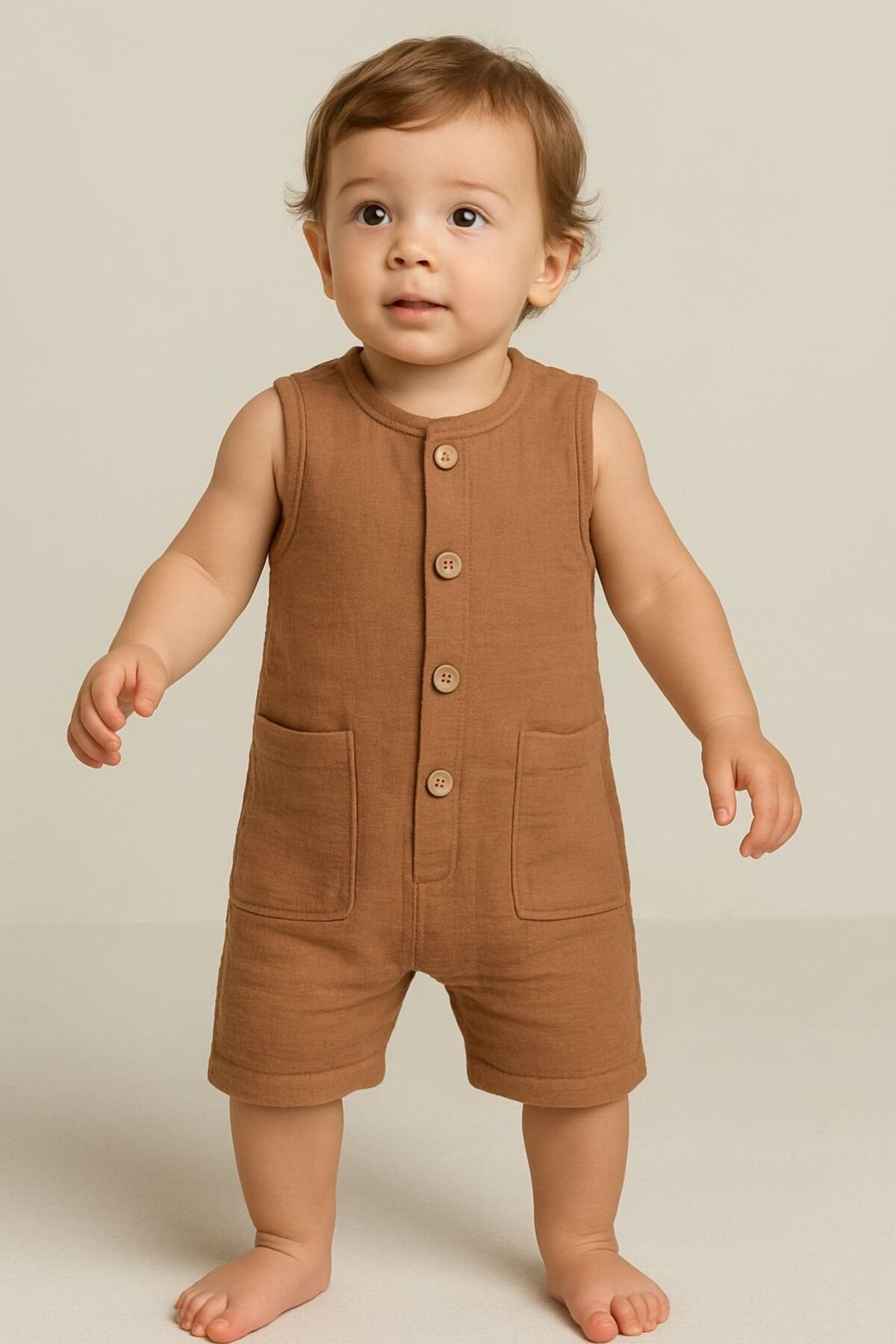 Organik Müslin Yazlık Naturel Cepli Bebek Tulum