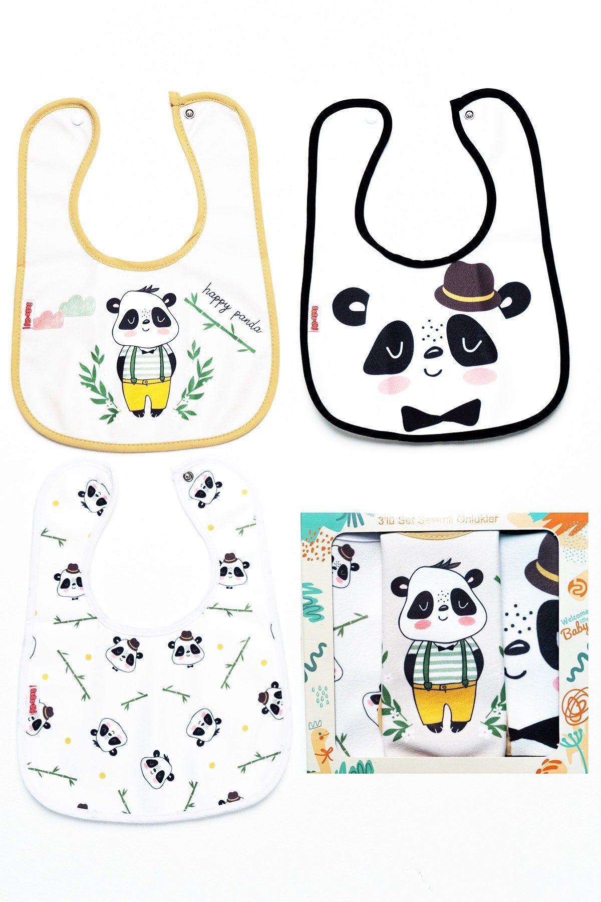 Panda Temalı Kare 3 Parça Microfiber Mama Önlüğü Kendi Kutusunda (su Geçirmez) Çıtçıtlı