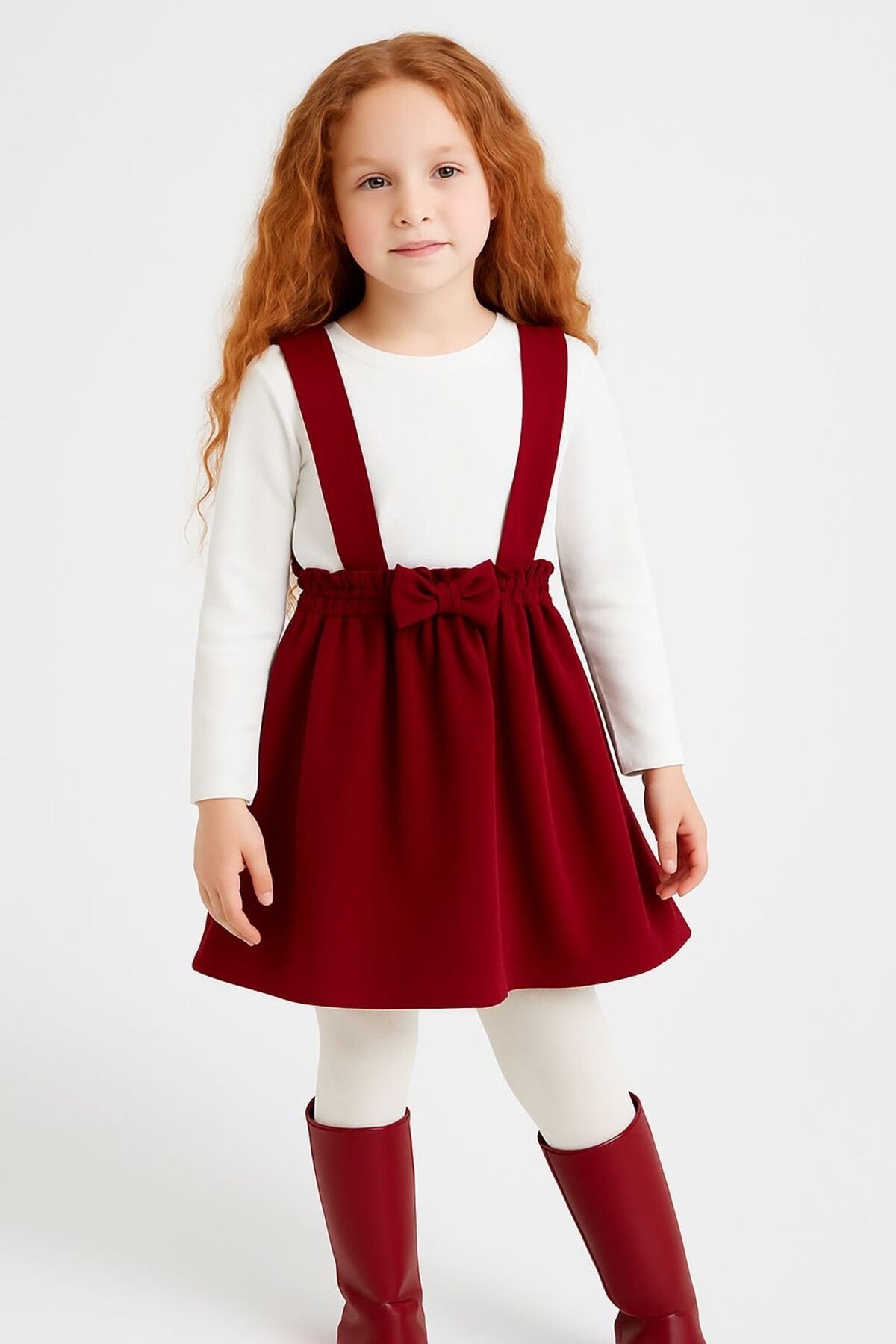 Kız Çocuk Takımı 2 Parça Salopet Elbise Pamuklu Kumaş Uzun Kollu Fiyonklu Etekli Takım 1-5 Yaş