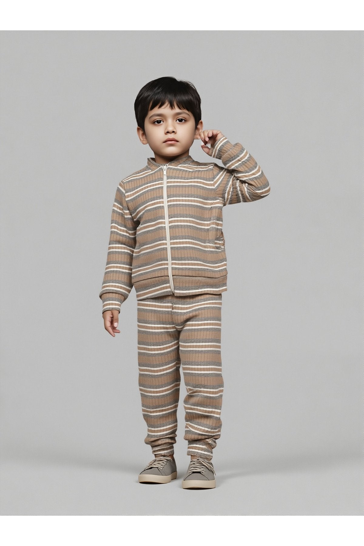 Unisex Çocuk Takımı Organik Pamuklu Şardonlu Kışlık Hırkalı Çizgili İkili Takım (1-5 Yaş)