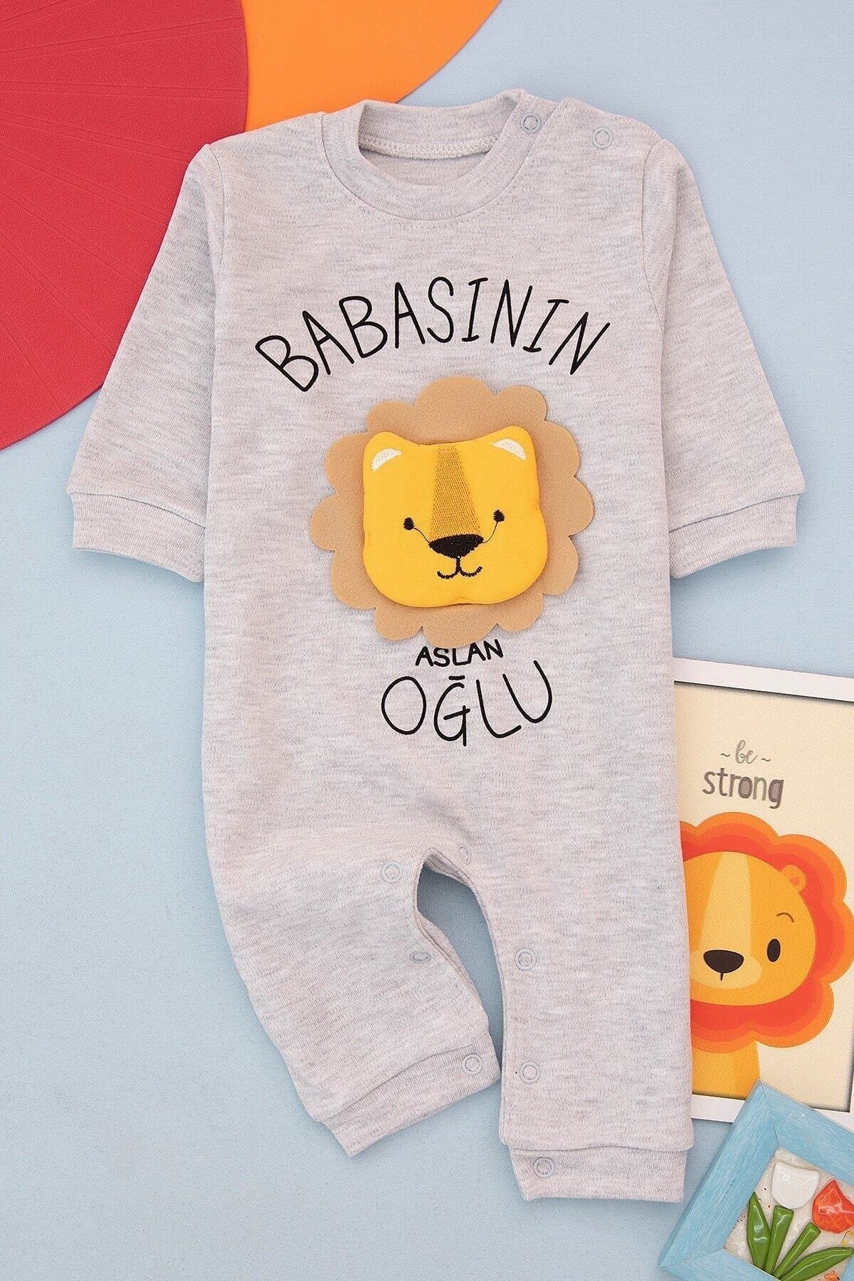 Babasının Aslan Oğlu Baskılı Gri Erkek Bebek Tulum