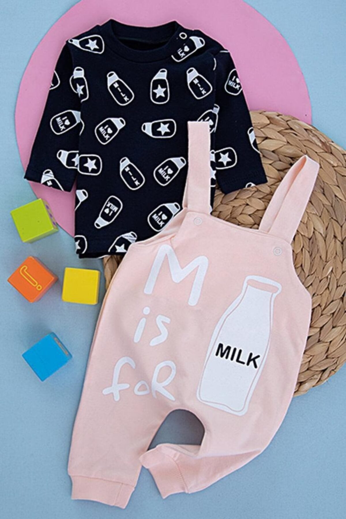 Milk Baskılı Bebek Salopet Takım