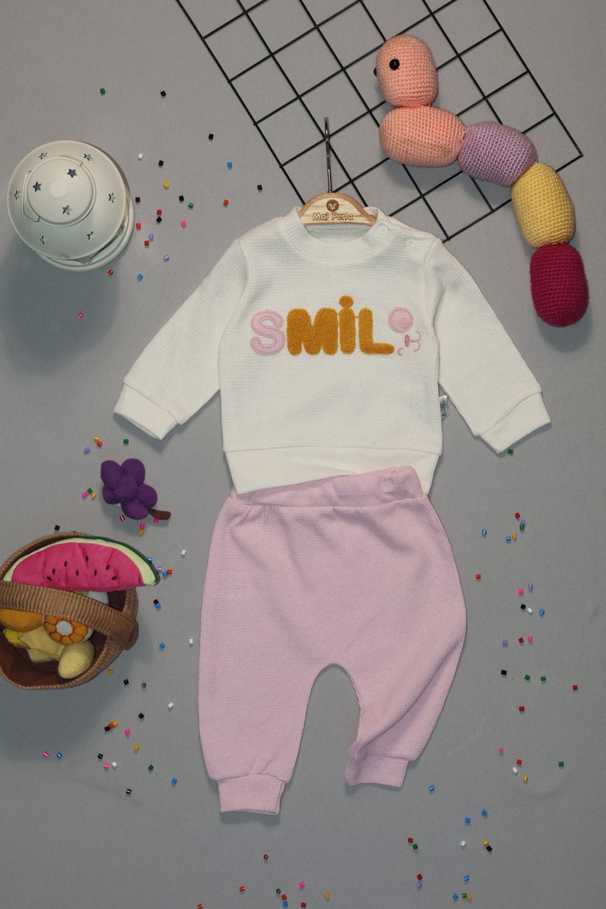 Smile Nakışlı Organik Waffle Kumaş 2'li Bebek Takım