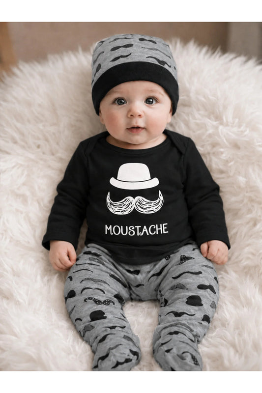 Unisex Bebek Siyah Bıyık Zıbın Takımı 3'lü Takım
