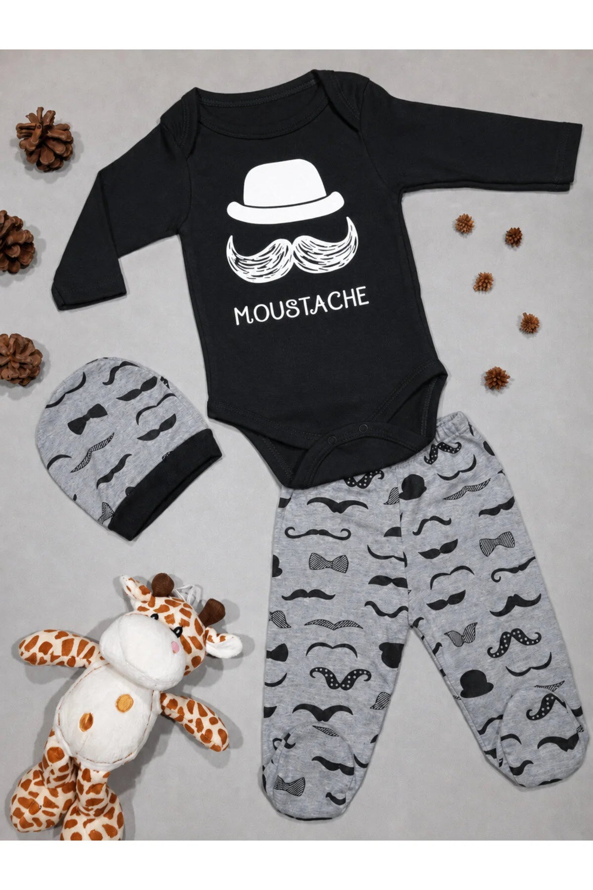 Unisex Bebek Siyah Bıyık Zıbın Takımı 3'lü Takım
