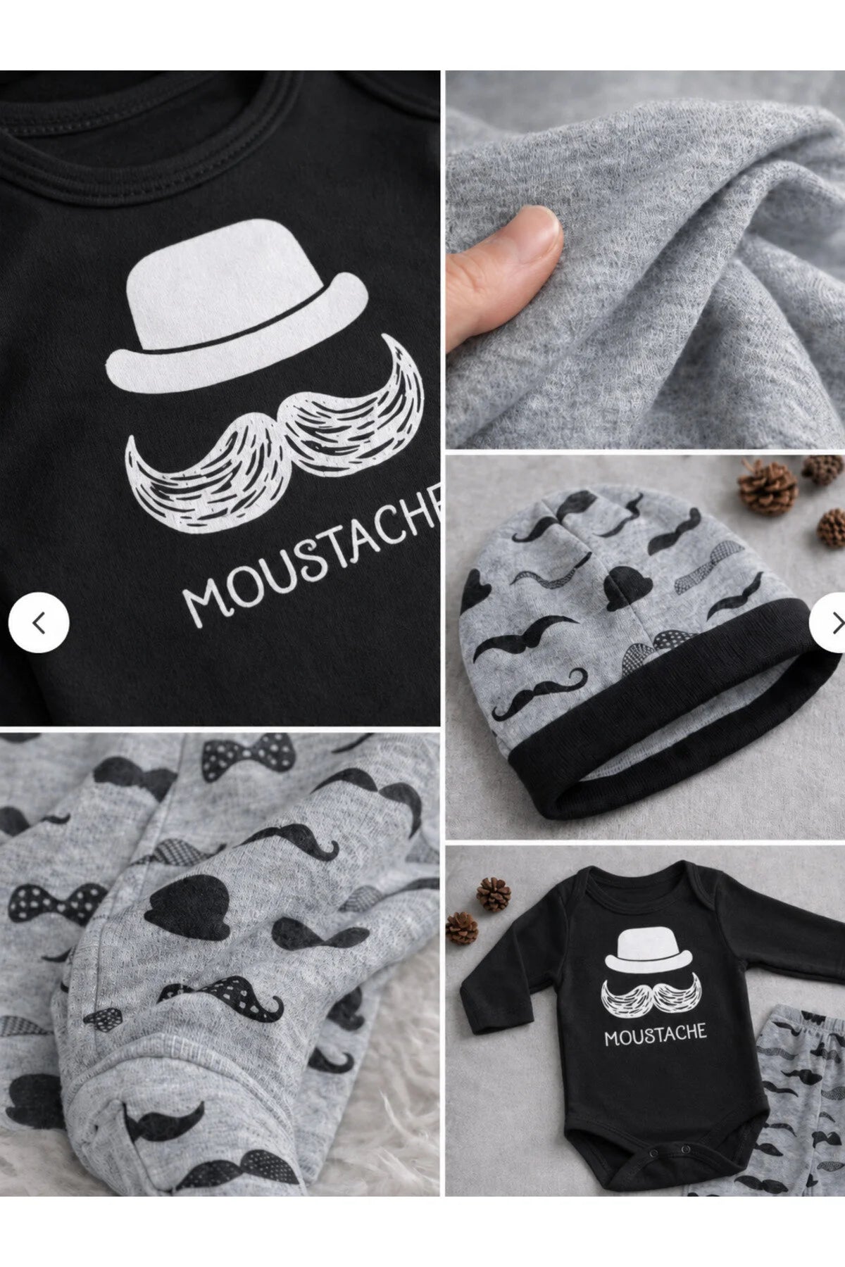 Unisex Bebek Siyah Bıyık Zıbın Takımı 3'lü Takım