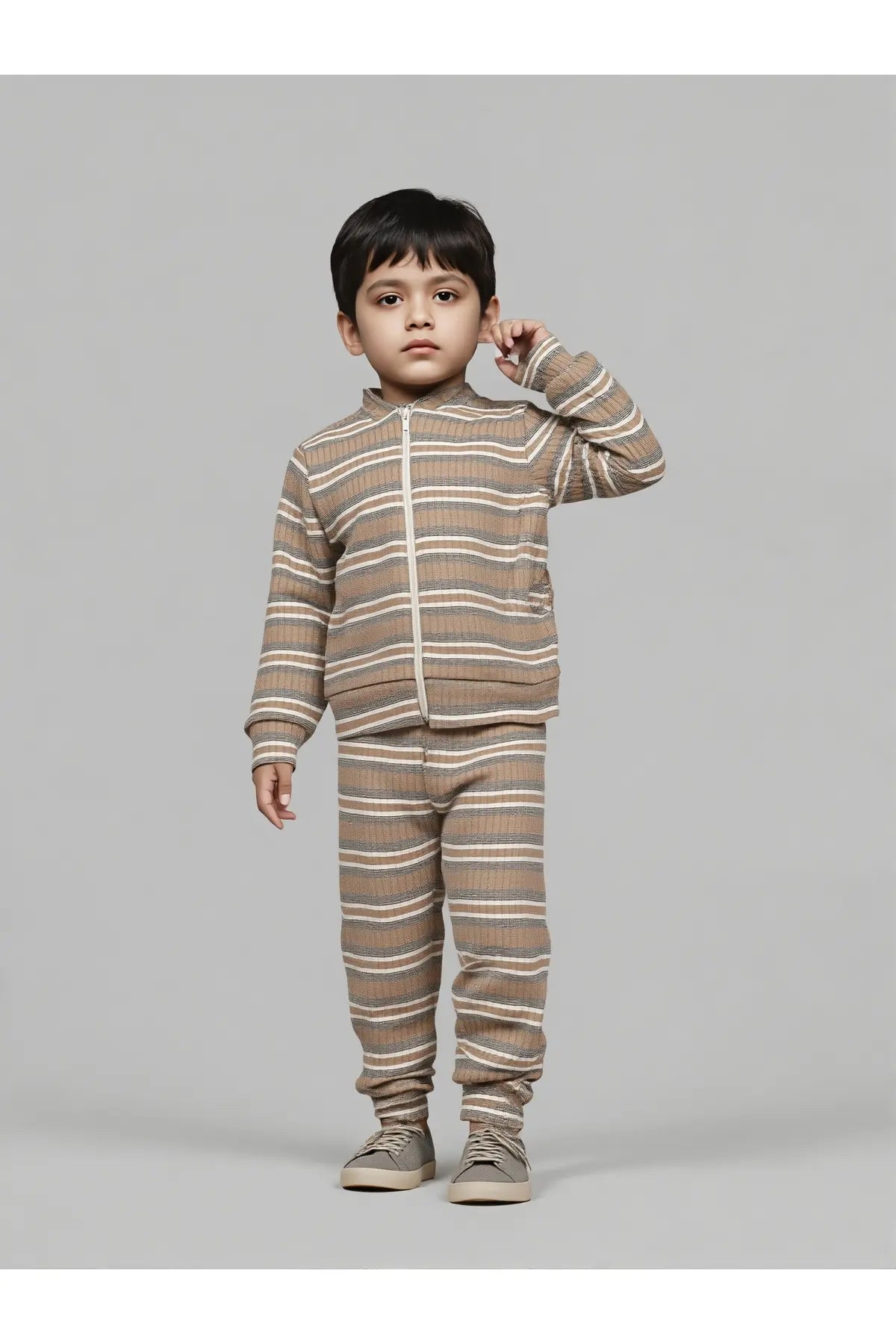 Unisex Çocuk Takımı Organik Pamuklu Şardonlu Kışlık Hırkalı Çizgili İkili Takım (1-5 Yaş)
