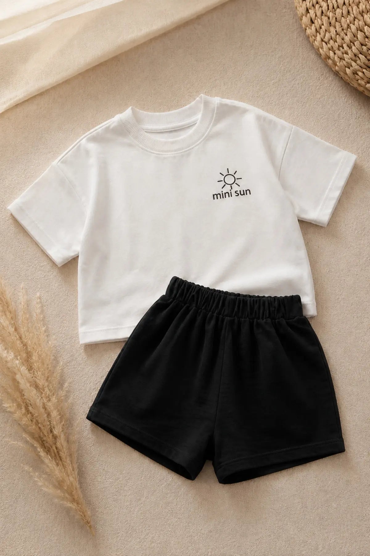 Unisex Çocuk Mini Sun Baskılı Oversize Tişört Şort Yazlık Takım 1-5 Yaş