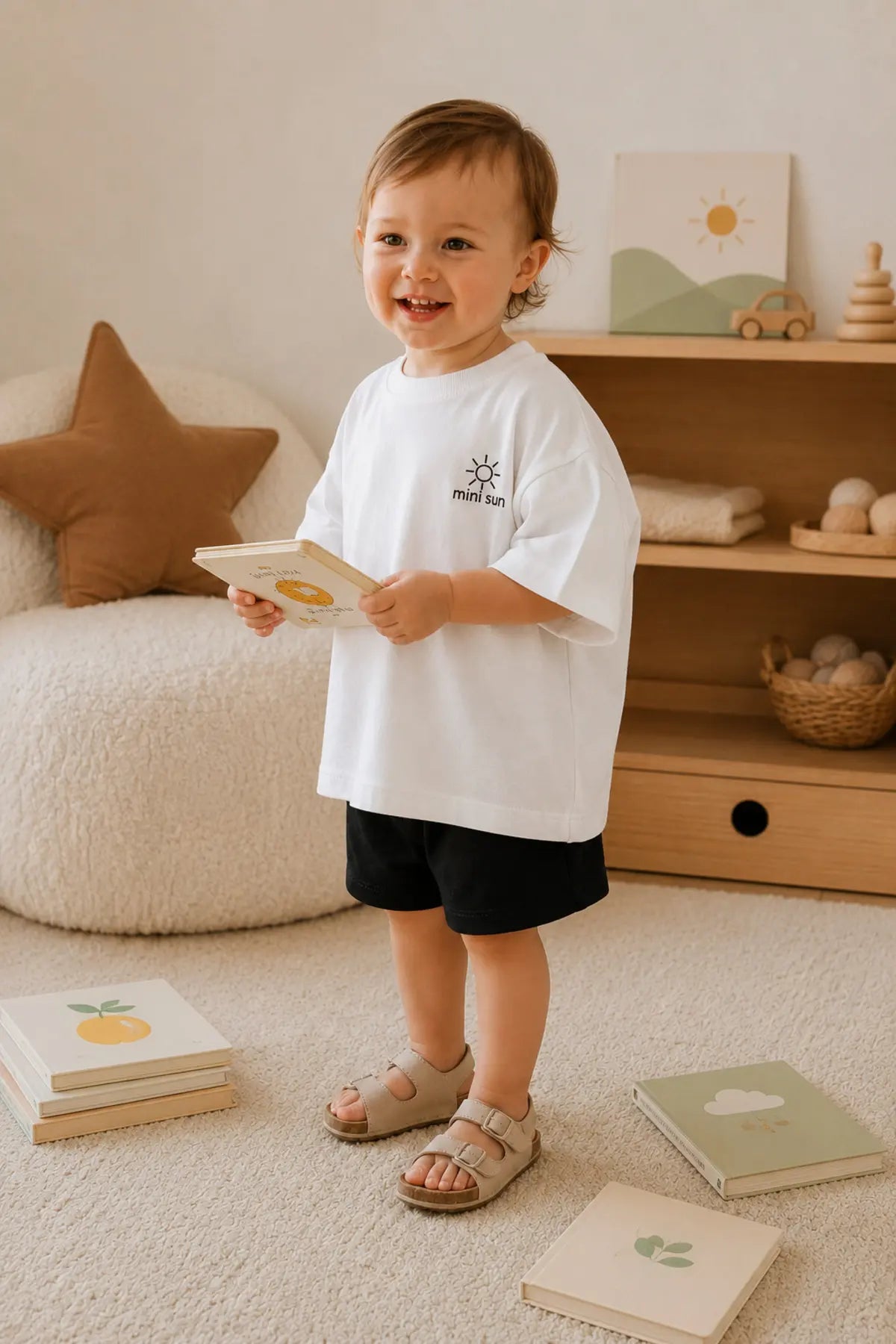 Unisex Çocuk Mini Sun Baskılı Oversize Tişört Şort Yazlık Takım 1-5 Yaş