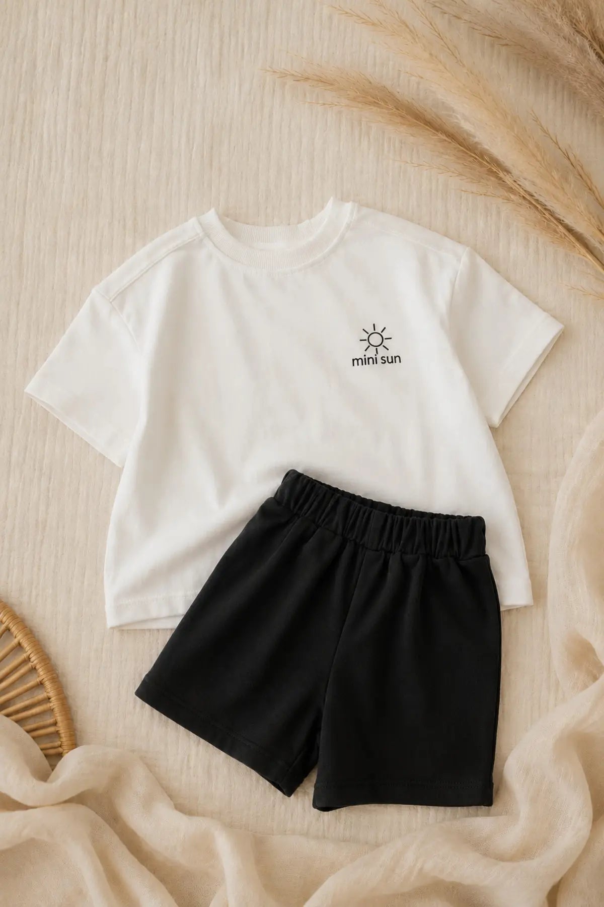 Unisex Çocuk Mini Sun Baskılı Oversize Tişört Şort Yazlık Takım 1-5 Yaş