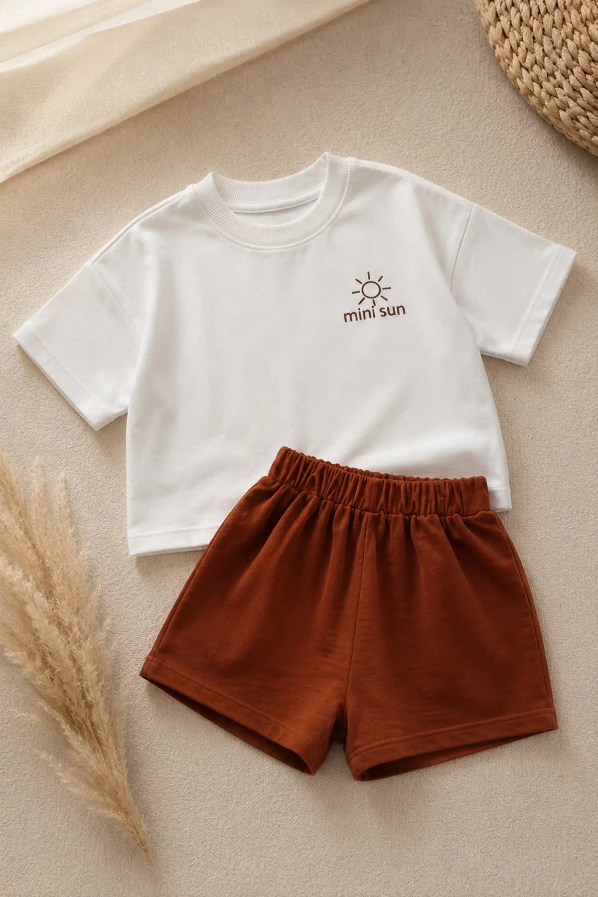 Unisex Çocuk Mini Sun Baskılı Oversize Tişört Şort Yazlık Takım 1-5 Yaş