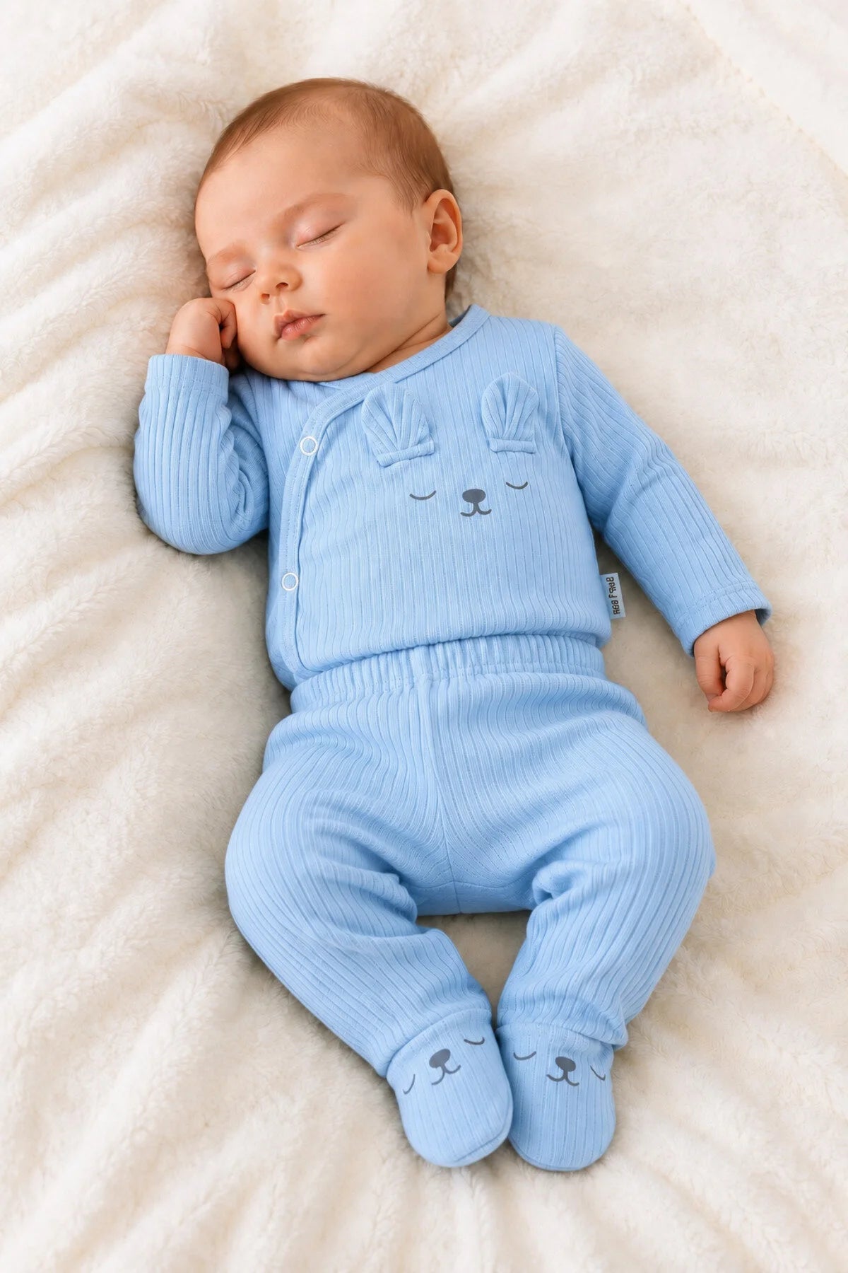 Yenidoğan Organik Pamuklu Tavşan Baskılı Yandan Çıtçıtlı Patikli 2’li Bebek Takımı